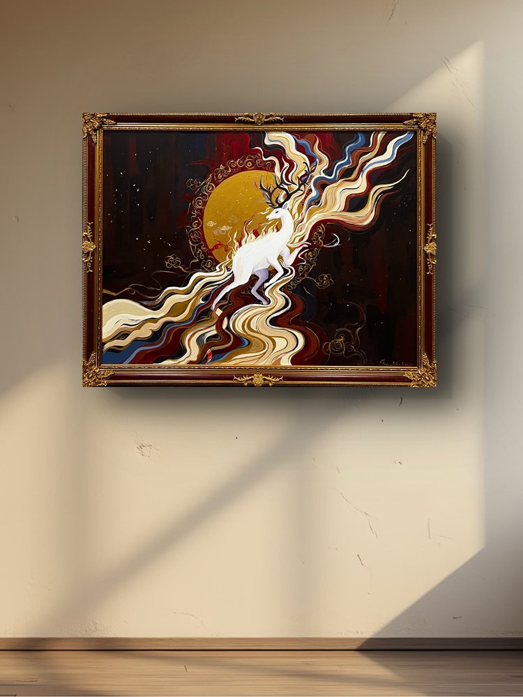 White Deer and Golden Moon (framed)